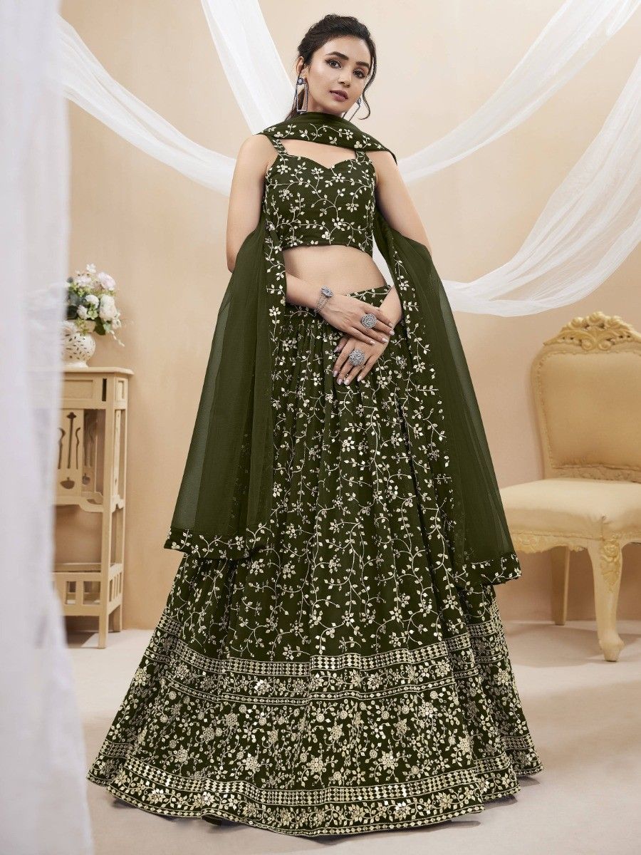 Green Embroidered Georgette Mehendi Wear Lehenga Choli ClothsVilla