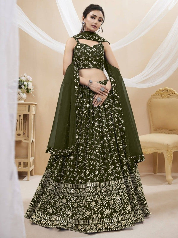Green Embroidered Georgette Mehendi Wear Lehenga Choli ClothsVilla