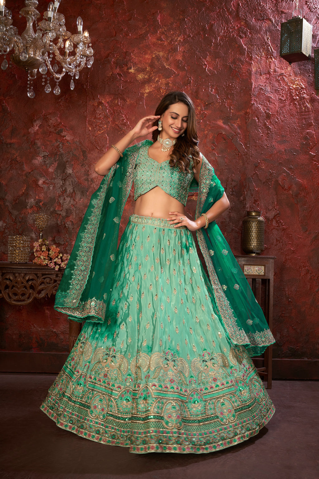 Green Embroidered Girlish Lehenga Choli Set ClothsVilla