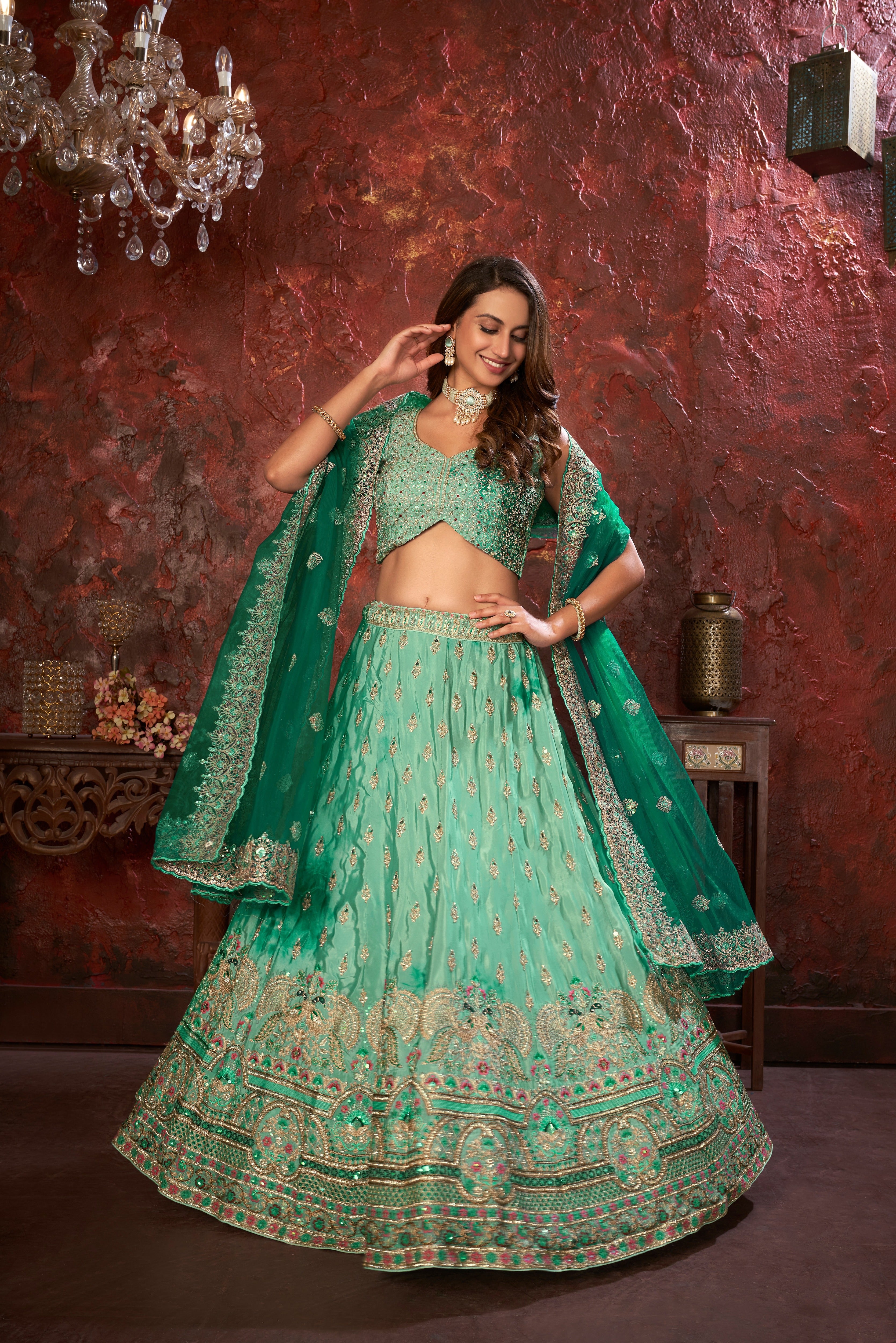 Green Embroidered Girlish Lehenga Choli Set ClothsVilla