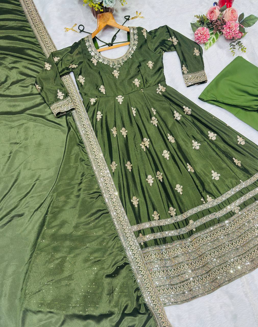 Green Embroidered Gown Set ClothsVilla