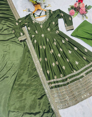 Green Embroidered Gown Set ClothsVilla