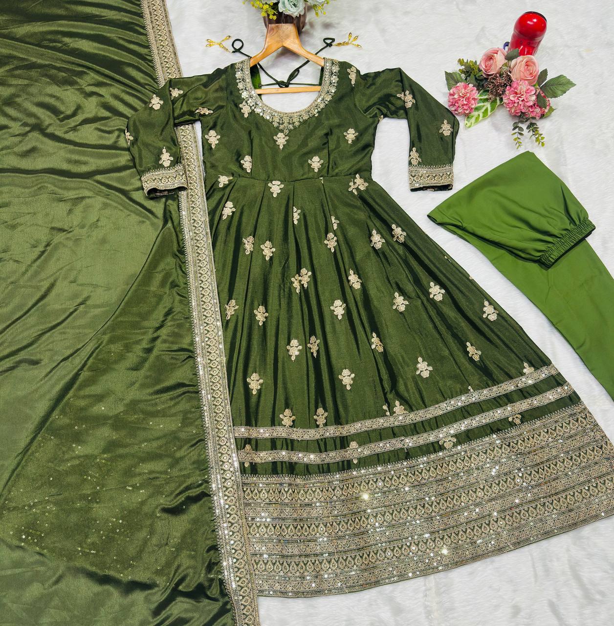 Green Embroidered Gown Set ClothsVilla