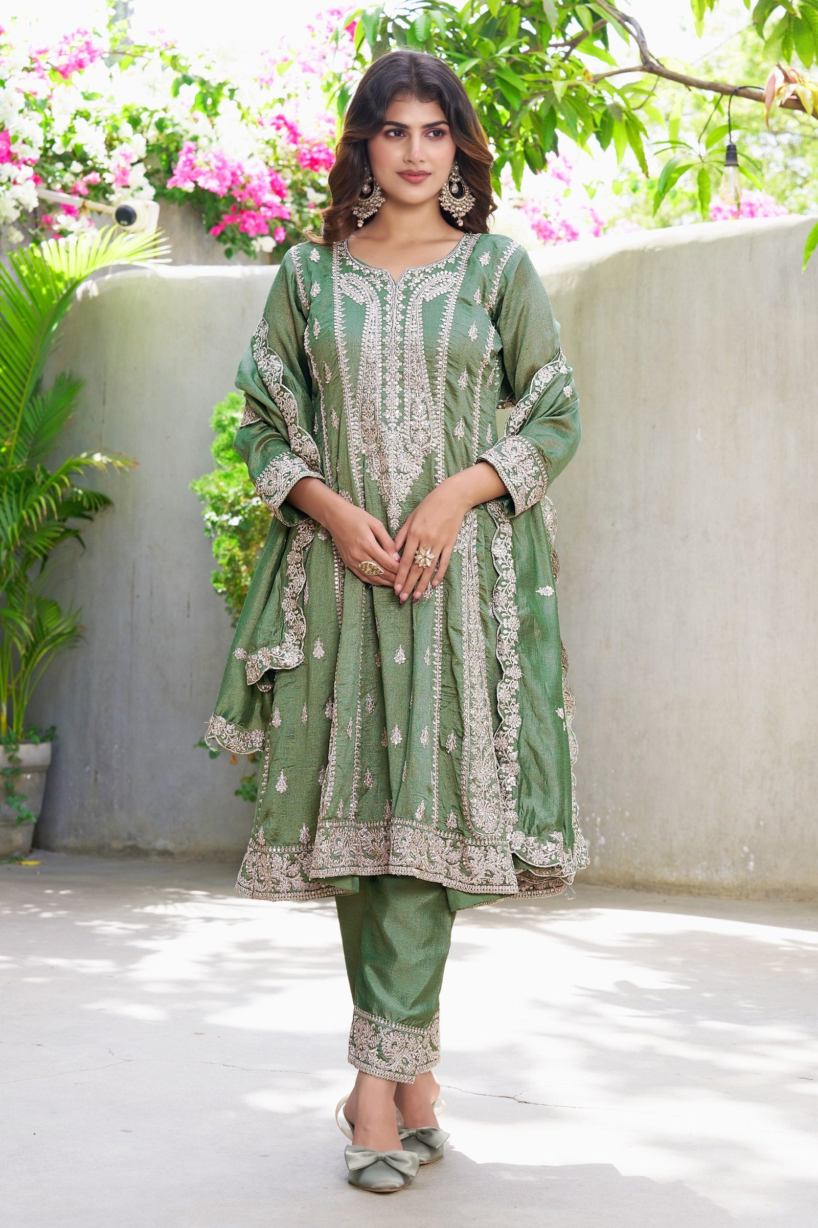 Green Embroidered Kurta Pant Set ClothsVilla
