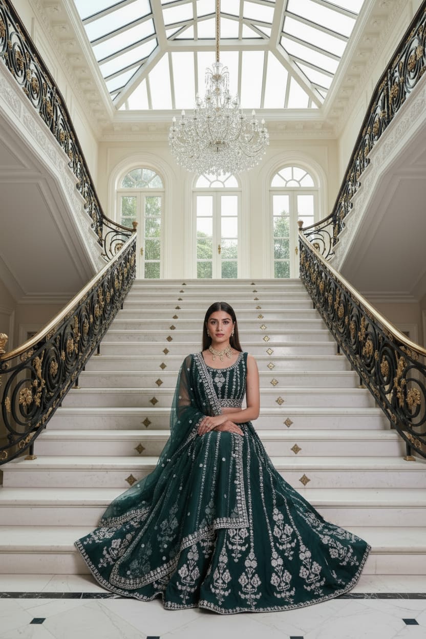 Bottle Green Embroidered Lehenga Set ClothsVilla