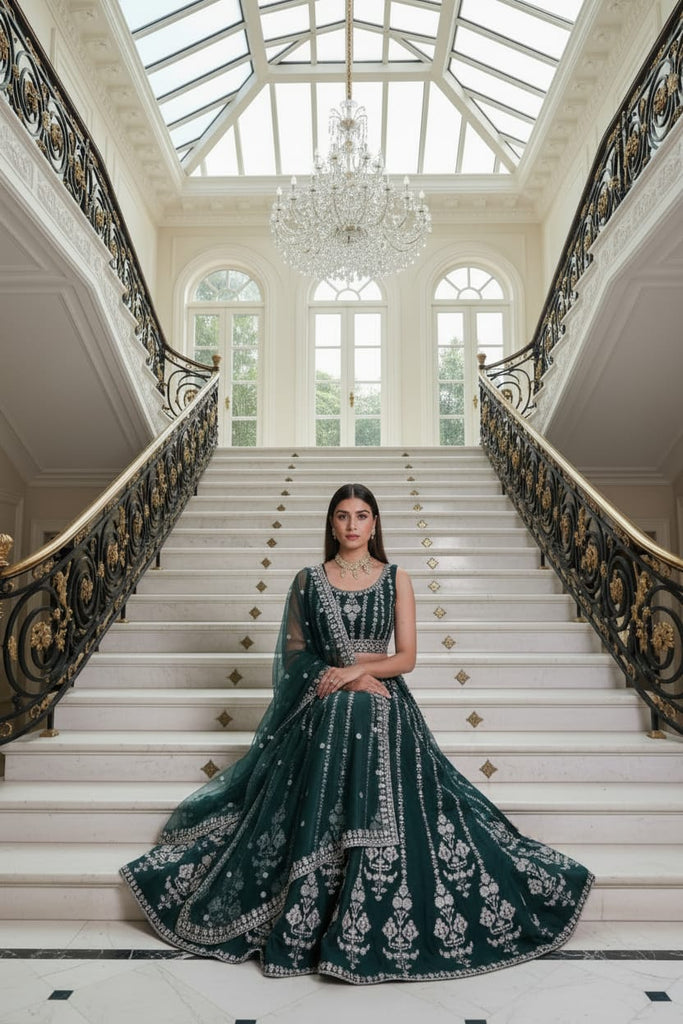 Bottle Green Embroidered Lehenga Set ClothsVilla