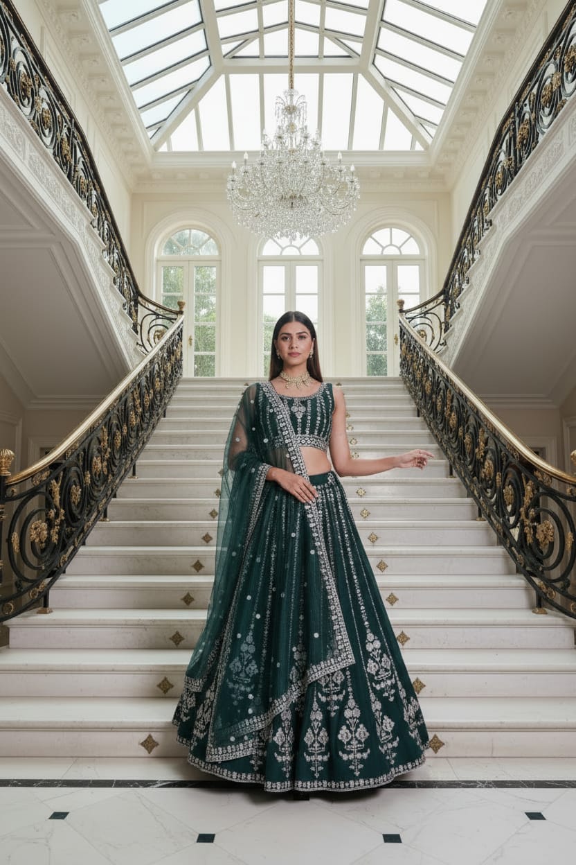 Bottle Green Embroidered Lehenga Set ClothsVilla