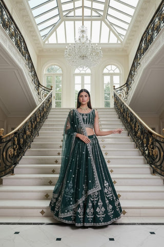 Bottle Green Embroidered Lehenga Set ClothsVilla