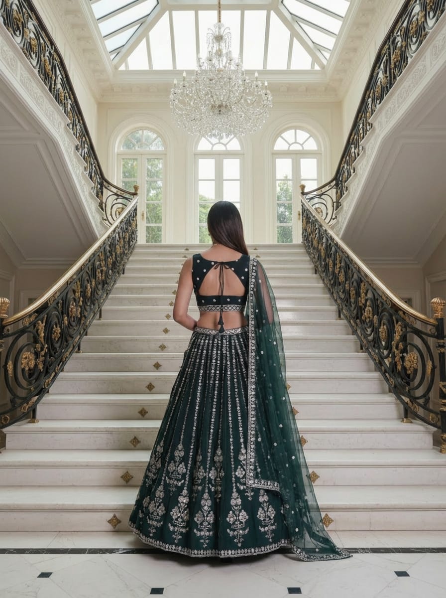 Bottle Green Embroidered Lehenga Set ClothsVilla