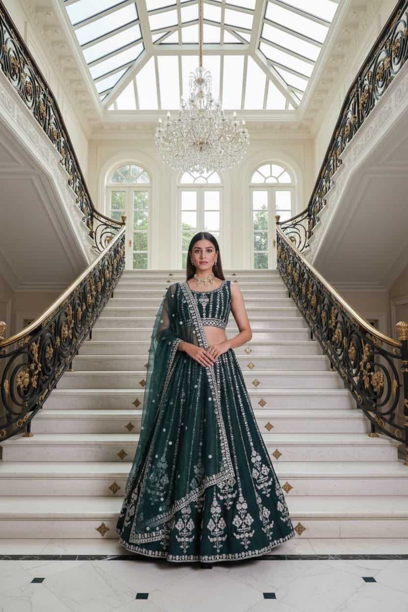 Bottle Green Embroidered Lehenga Set ClothsVilla