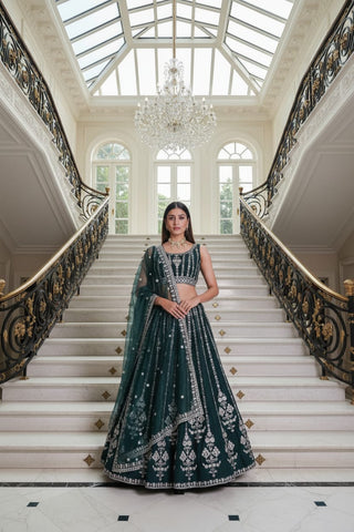 Bottle Green Embroidered Lehenga Set ClothsVilla