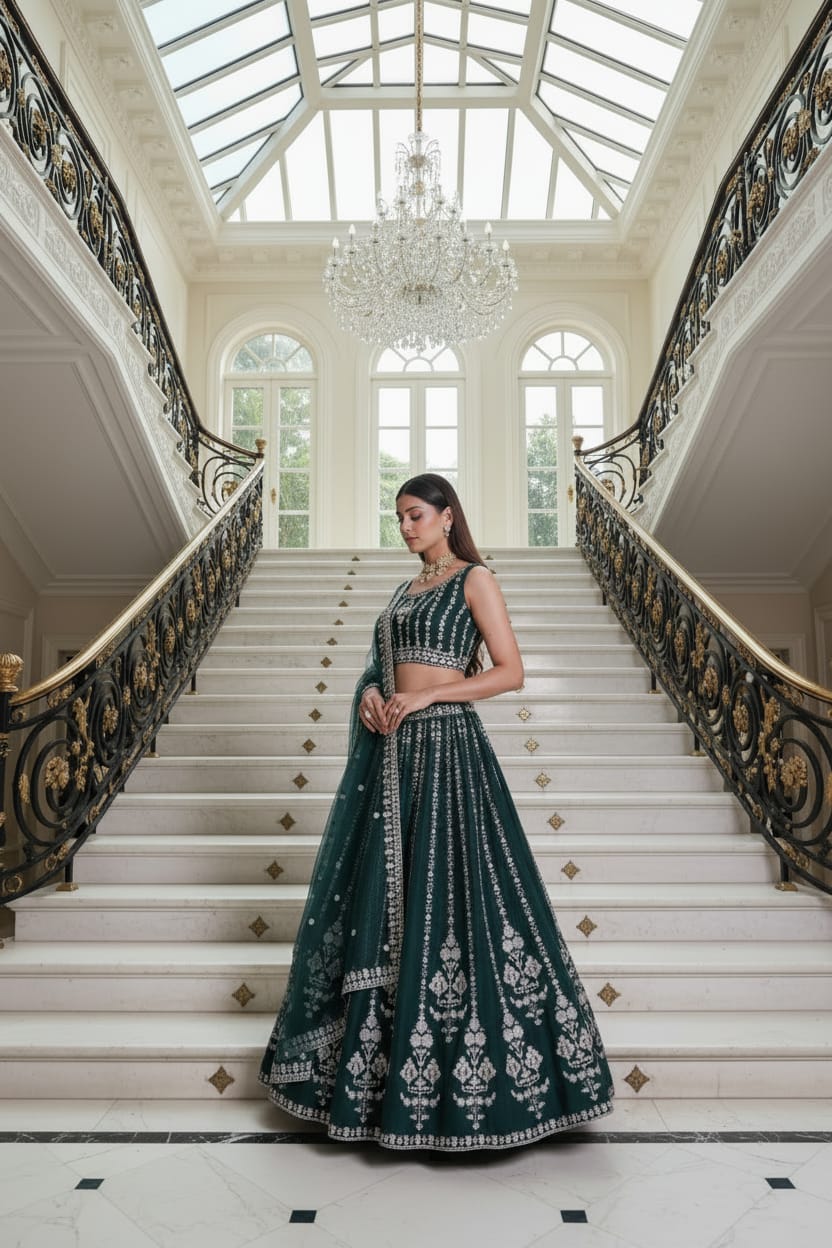 Bottle Green Embroidered Lehenga Set ClothsVilla