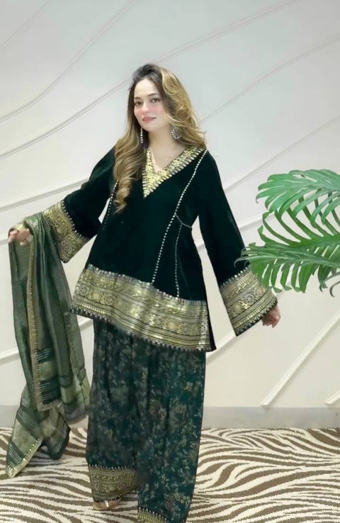 Green Embroidered Velvet Suit Cloth's Villa Main image