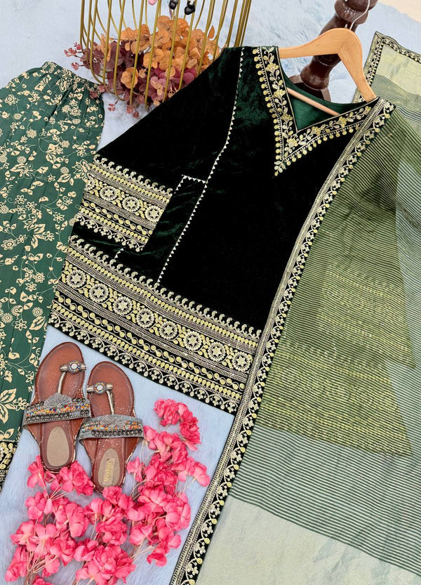 Green Embroidered Velvet Suit Cloth's Villa