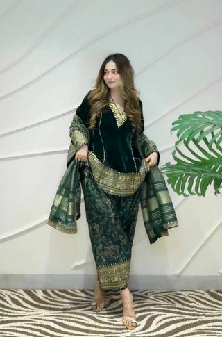 Green Embroidered Velvet Suit Cloth's Villa