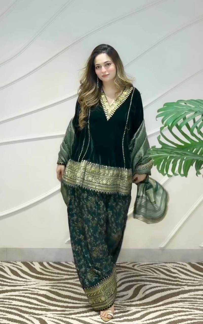 Green Embroidered Velvet Suit Cloth's Villa