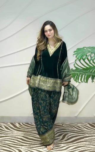 Green Embroidered Velvet Suit Cloth's Villa