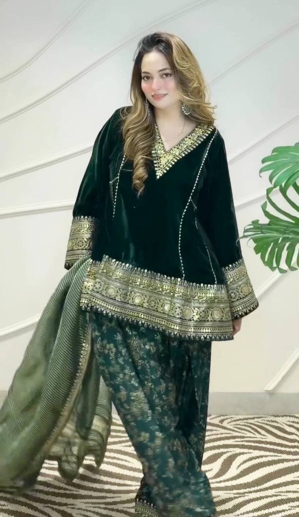 Green Embroidered Velvet Suit Cloth's Villa