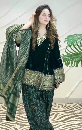 Green Embroidered Velvet Suit Cloth's Villa