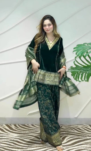Green Embroidered Velvet Suit Cloth's Villa