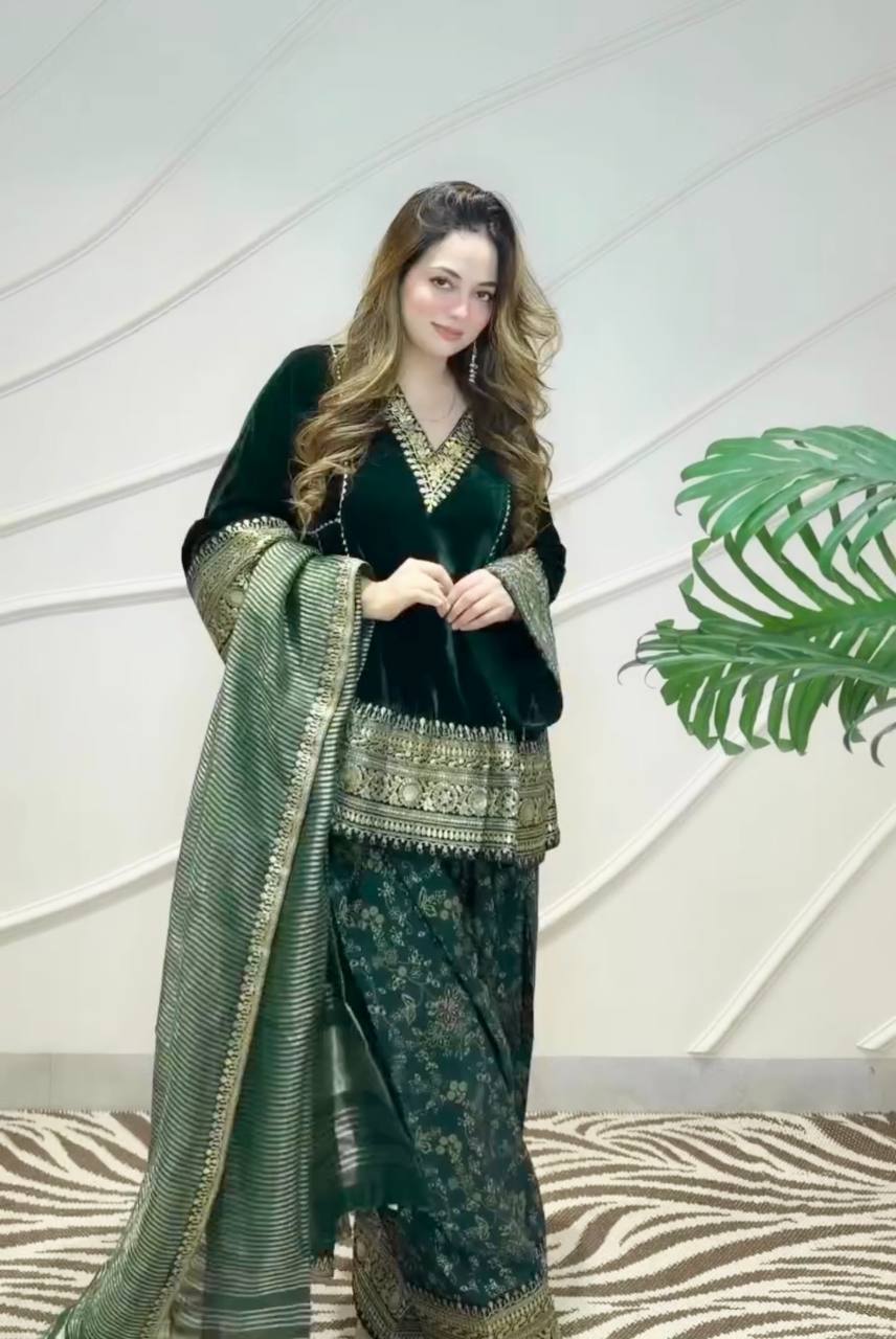 Green Embroidered Velvet Suit Cloth's Villa