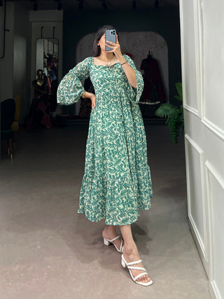 Green Ethnic Elegance – Triple-Layer Georgette Frock