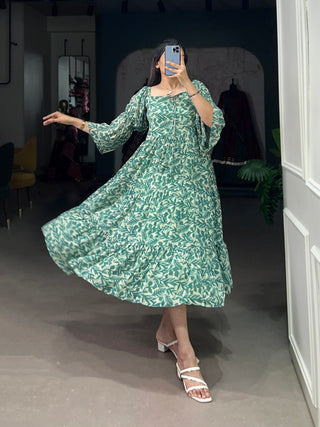Green Ethnic Elegance – Triple-Layer Georgette Frock