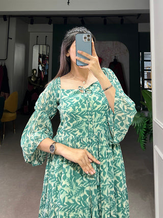 Green Ethnic Elegance – Triple-Layer Georgette Frock