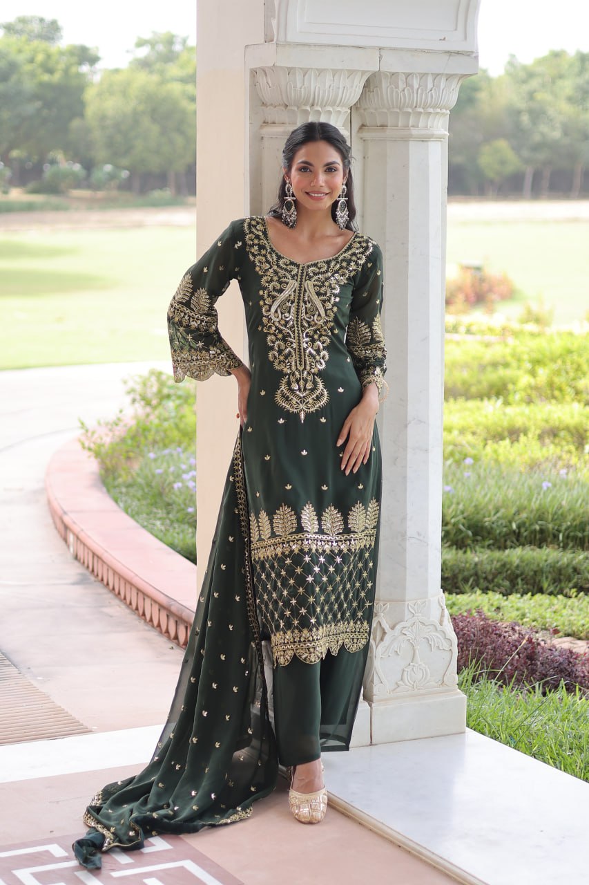 Green Faux Blooming Embroidered Kurti Pant Set ClothsVilla