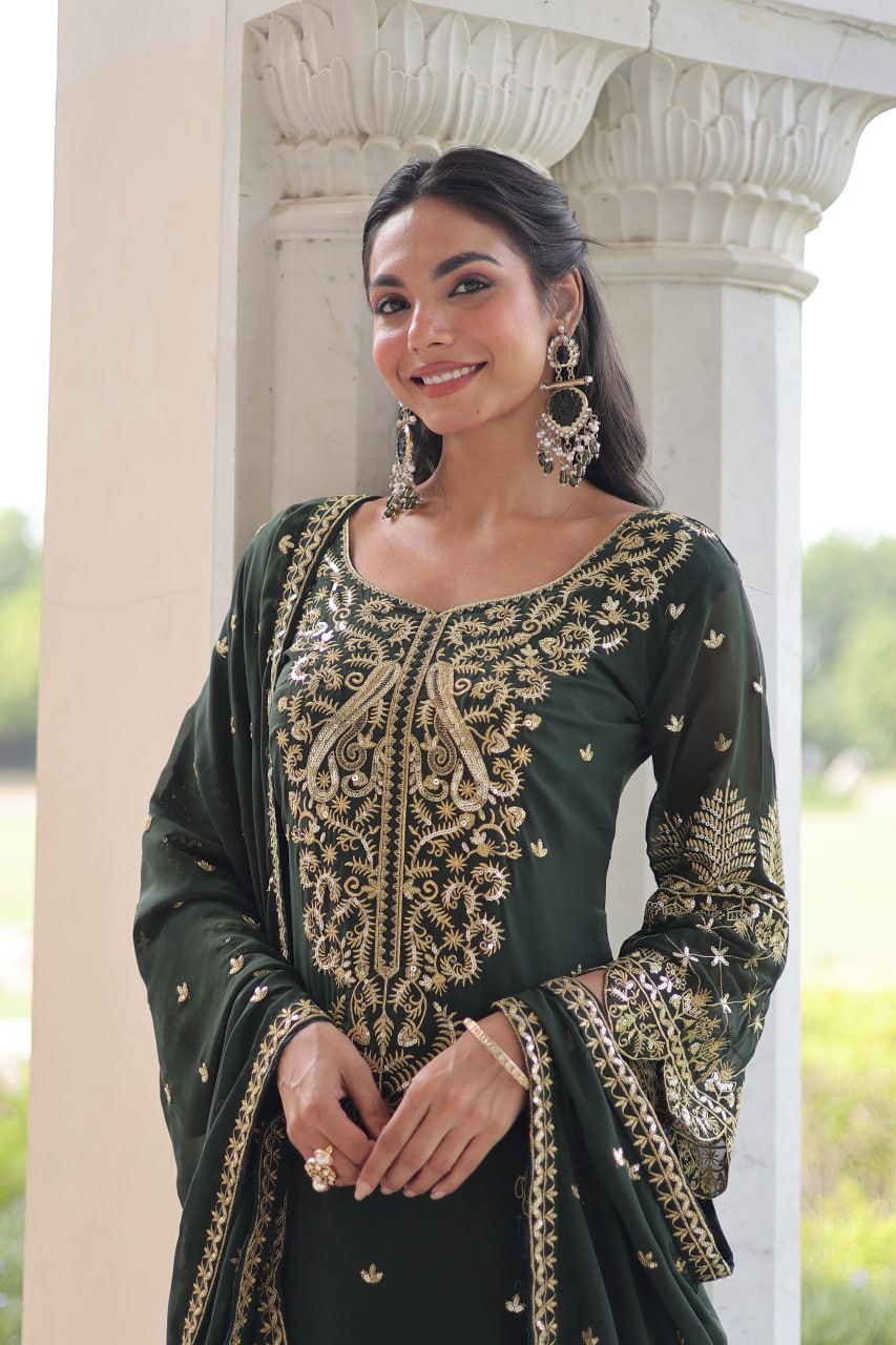 Green Faux Blooming Embroidered Kurti Pant Set ClothsVilla