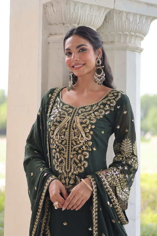 Green Faux Blooming Embroidered Kurti Pant Set ClothsVilla