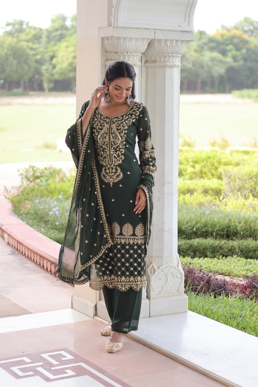 Green Faux Blooming Embroidered Kurti Pant Set ClothsVilla