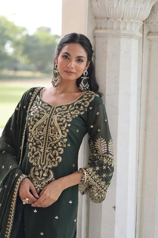 Green Faux Blooming Embroidered Kurti Pant Set ClothsVilla