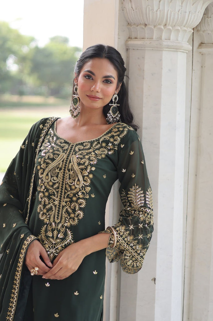 Green Faux Blooming Embroidered Kurti Pant Set ClothsVilla