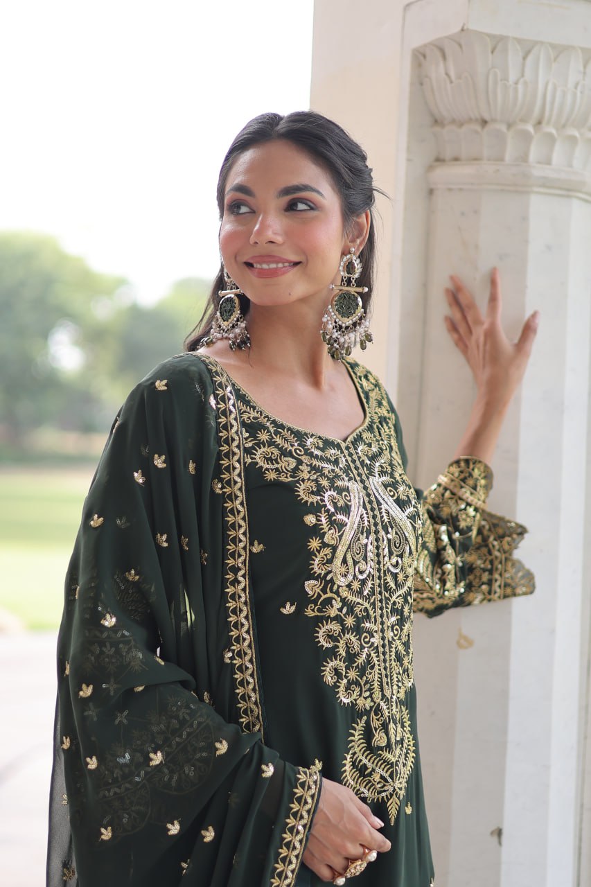 Green Faux Blooming Embroidered Kurti Pant Set ClothsVilla