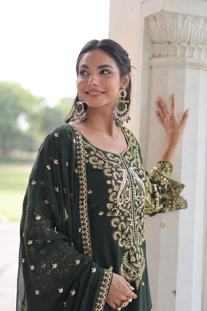 Green Faux Blooming Embroidered Kurti Pant Set ClothsVilla