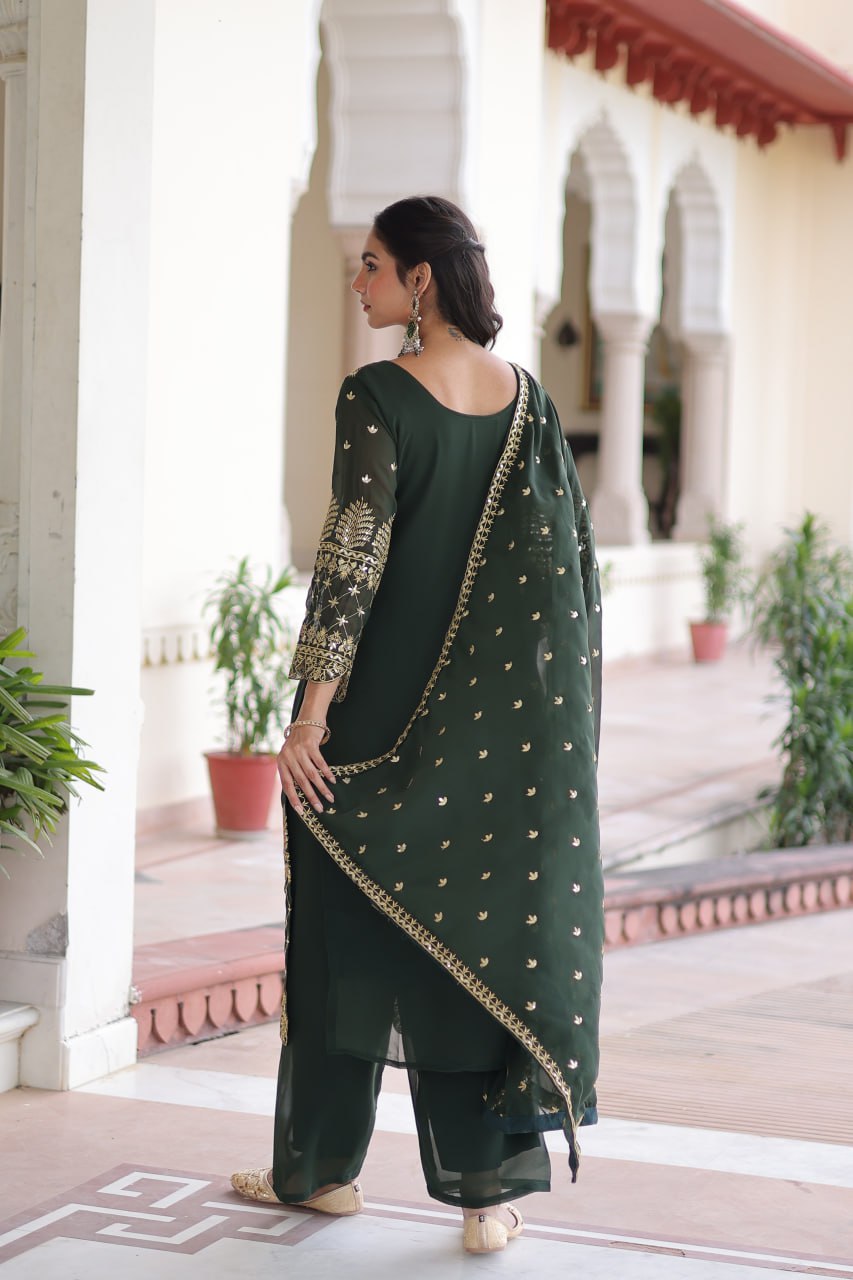 Green Faux Blooming Embroidered Kurti Pant Set ClothsVilla