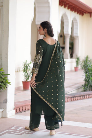 Green Faux Blooming Embroidered Kurti Pant Set ClothsVilla