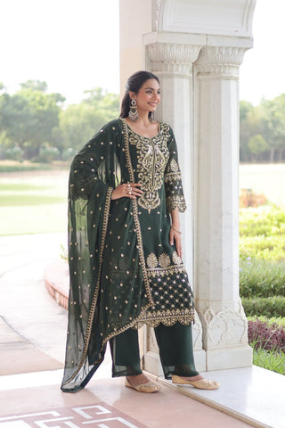 Green Faux Blooming Embroidered Kurti Pant Set ClothsVilla