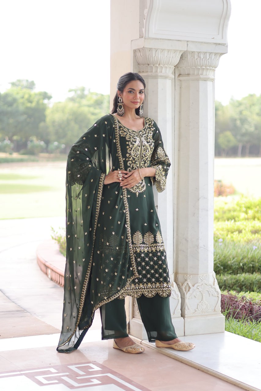 Green Faux Blooming Embroidered Kurti Pant Set ClothsVilla
