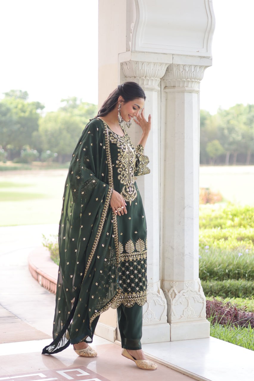 Green Faux Blooming Embroidered Kurti Pant Set ClothsVilla