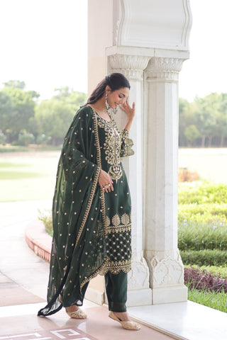 Green Faux Blooming Embroidered Kurti Pant Set ClothsVilla