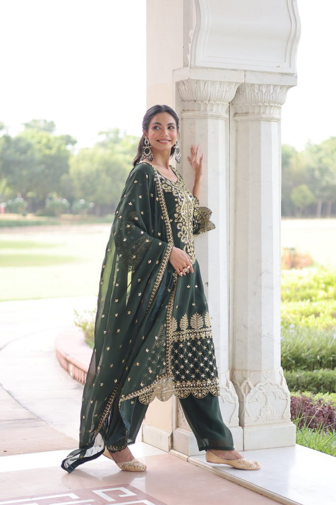 Green Faux Blooming Embroidered Kurti Pant Set ClothsVilla