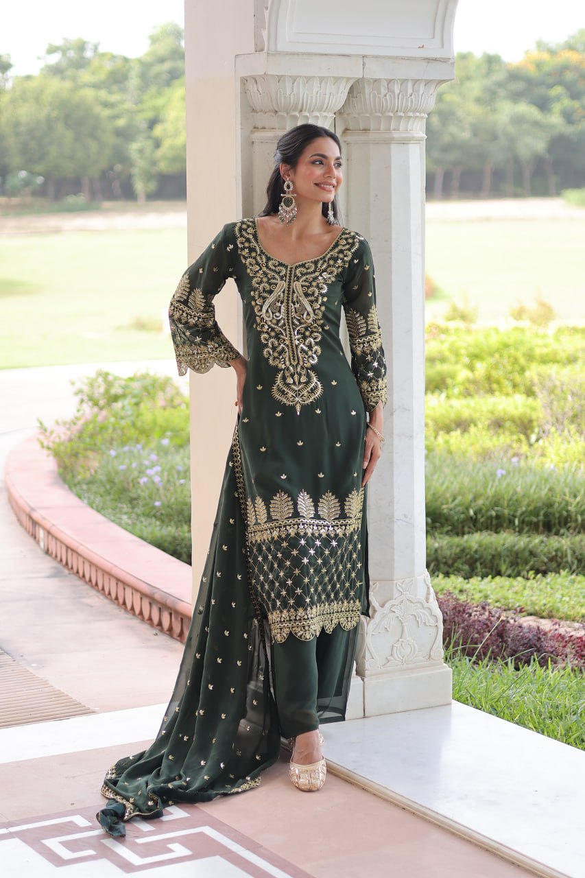 Green Faux Blooming Embroidered Kurti Pant Set ClothsVilla