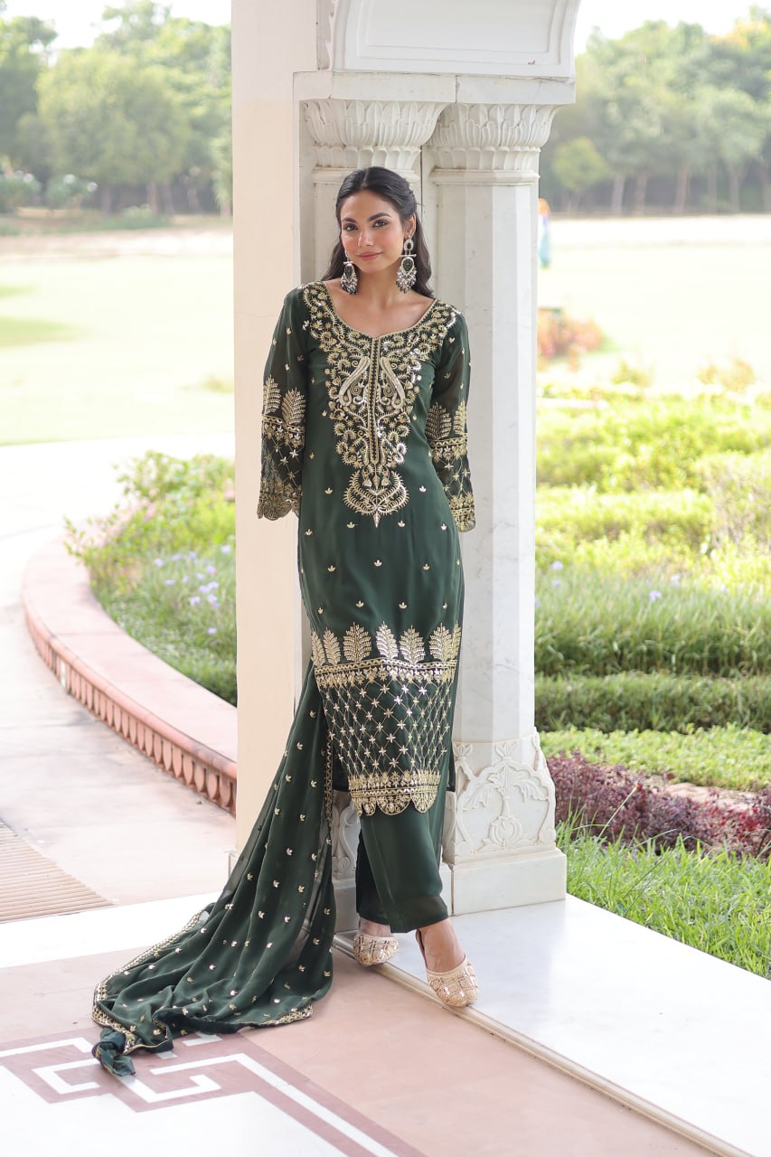 Green Faux Blooming Embroidered Kurti Pant Set ClothsVilla