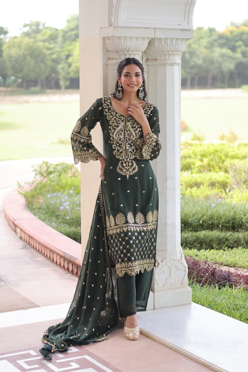 Green Faux Blooming Embroidered Kurti Pant Set ClothsVilla