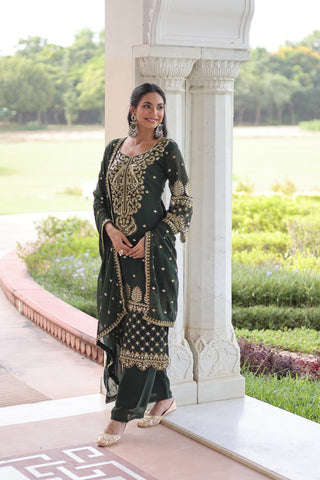 Green Faux Blooming Embroidered Kurti Pant Set ClothsVilla