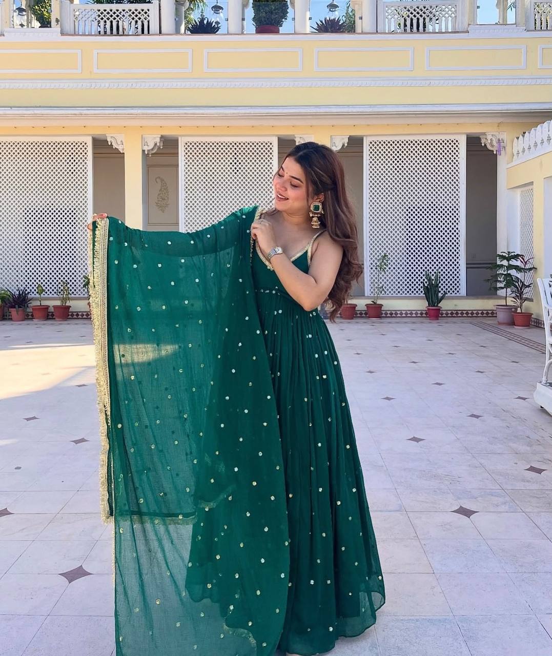 Green Faux Blooming Sequins Gown Pant Set with Dupatta Clothsvilla