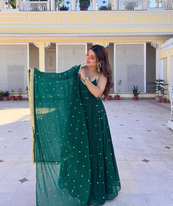 Green Faux Blooming Sequins Gown Pant Set with Dupatta Clothsvilla