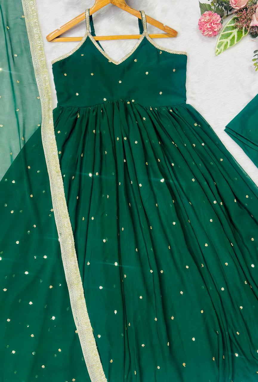 Green Faux Blooming Sequins Gown Pant Set with Dupatta Clothsvilla